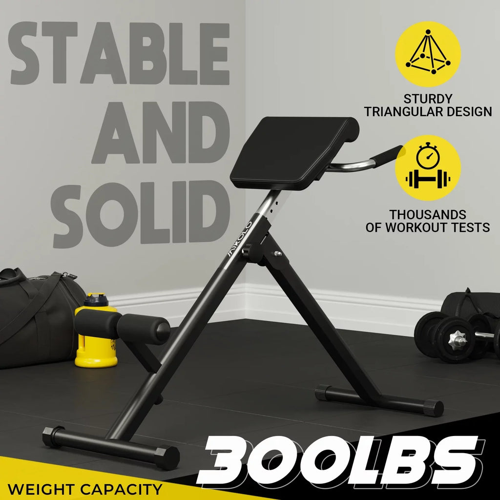 Mikolo Hyperextension Roman Chair, Foldable Exercise Bench with 300LBS Capacity, 9 Adjustable Heights for Strength Training.
