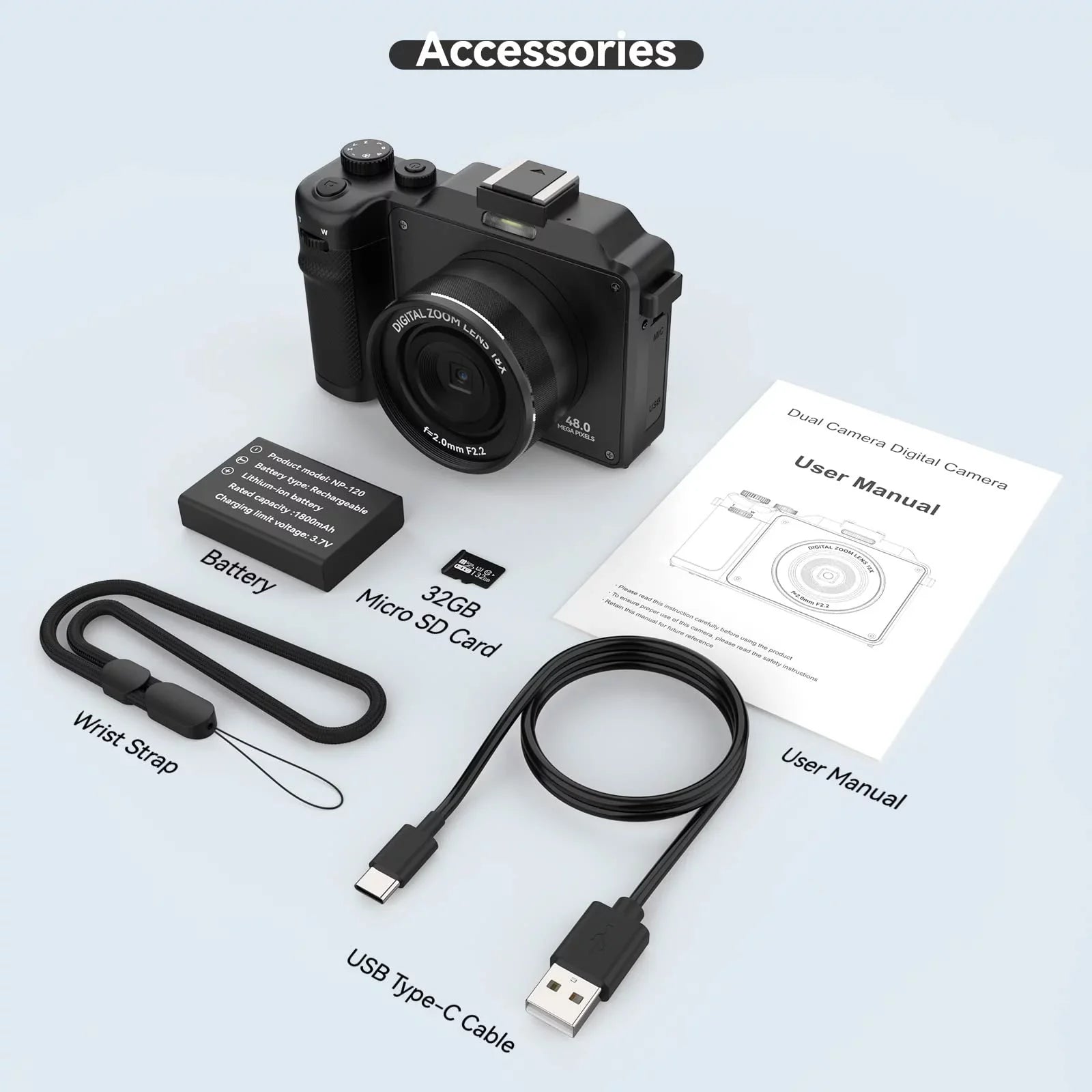 OIEXI 48MP Digital Camera for Photography,4K Video Camera with Front and Rear Dual Cameras,18X Digital Zoom,3.0-inch Screen,32GB Micro Card,Rechargeable Battery,Camera for Kids/Teens/Beginners(Black)