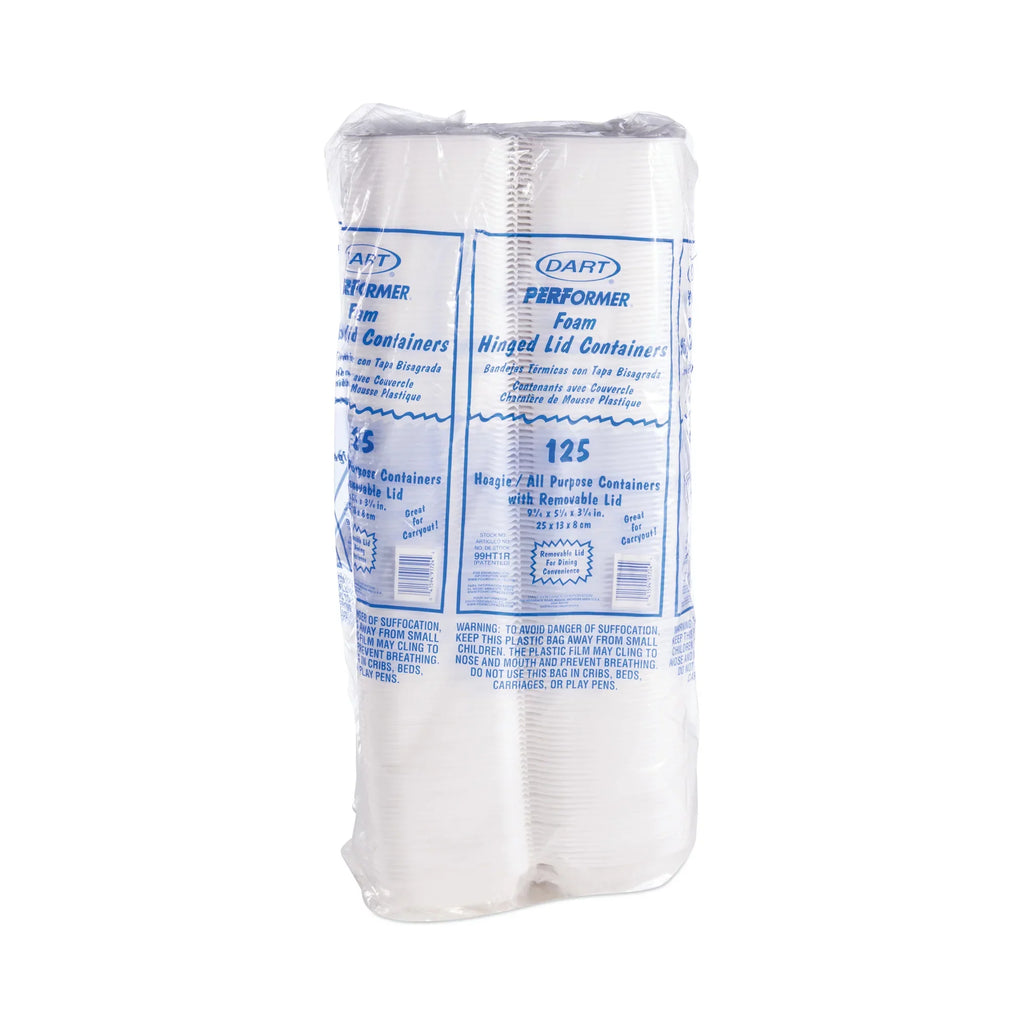 Dart Foam Hinged Lid Container, Hoagie Container with Removable Lid, 5.3 x 9.8 x 3.3, White, 125/Bag, 4 Bags/Carton -DCC99HT1R