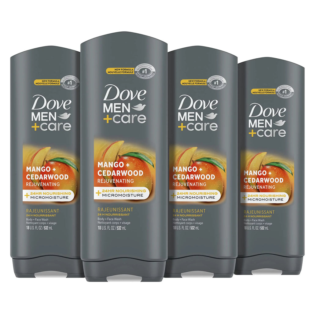 Dove Men + Care Body Wash Rejuvenating Mango + Cedarwood 4 Count For Men With 24-Hour Nourishing Micromoisture Technology 18 Oz