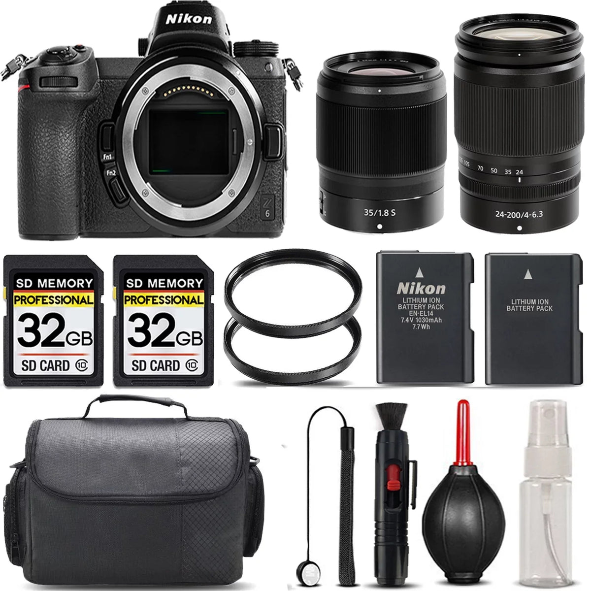 Nikon Z6 Mirrorless with 24-200mm f/4-6.3 VR Lens + 35mm f/1.8 S Lens + 64GB Storage + UV Filter + Backup Battery + Case + Cleaning Kit - International Version