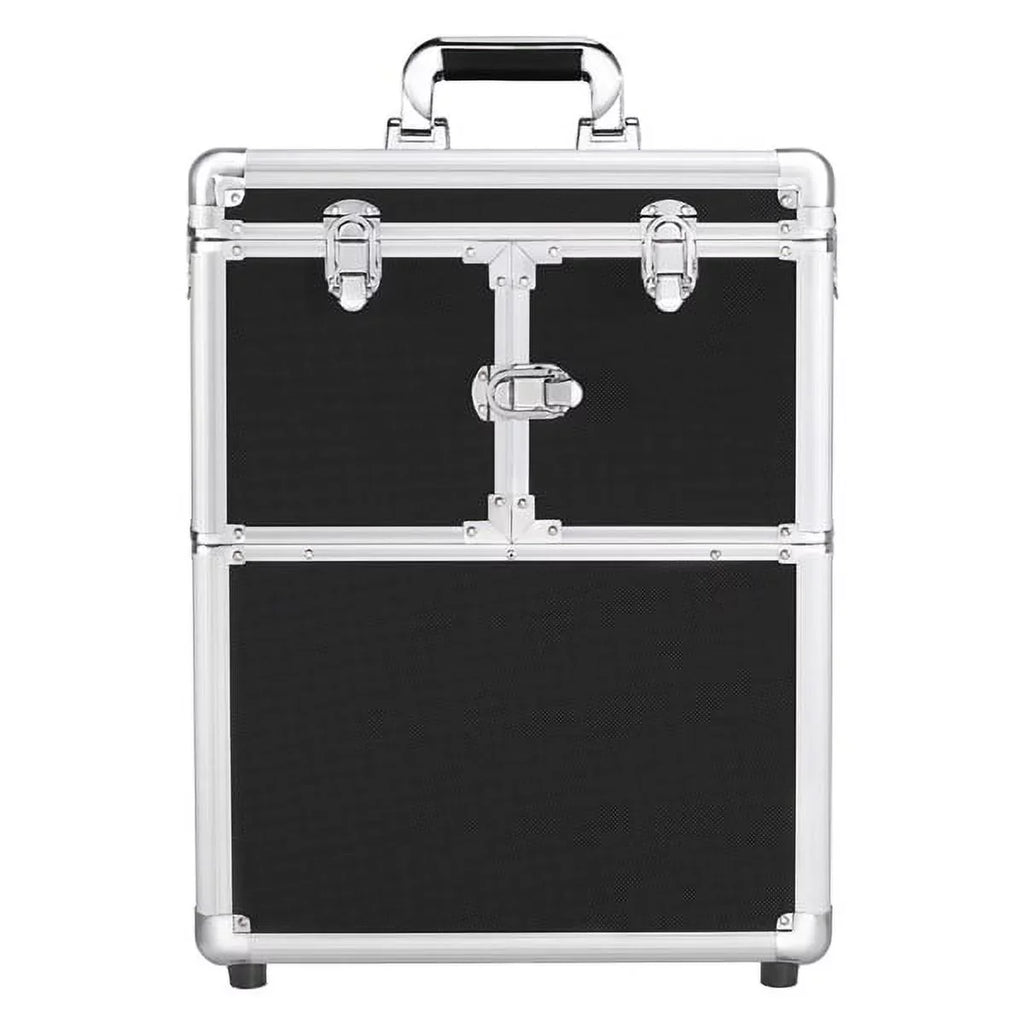 Alden Design Rolling Makeup Case Trolley with Wheels, Mirror, & Retractable Trays, Black