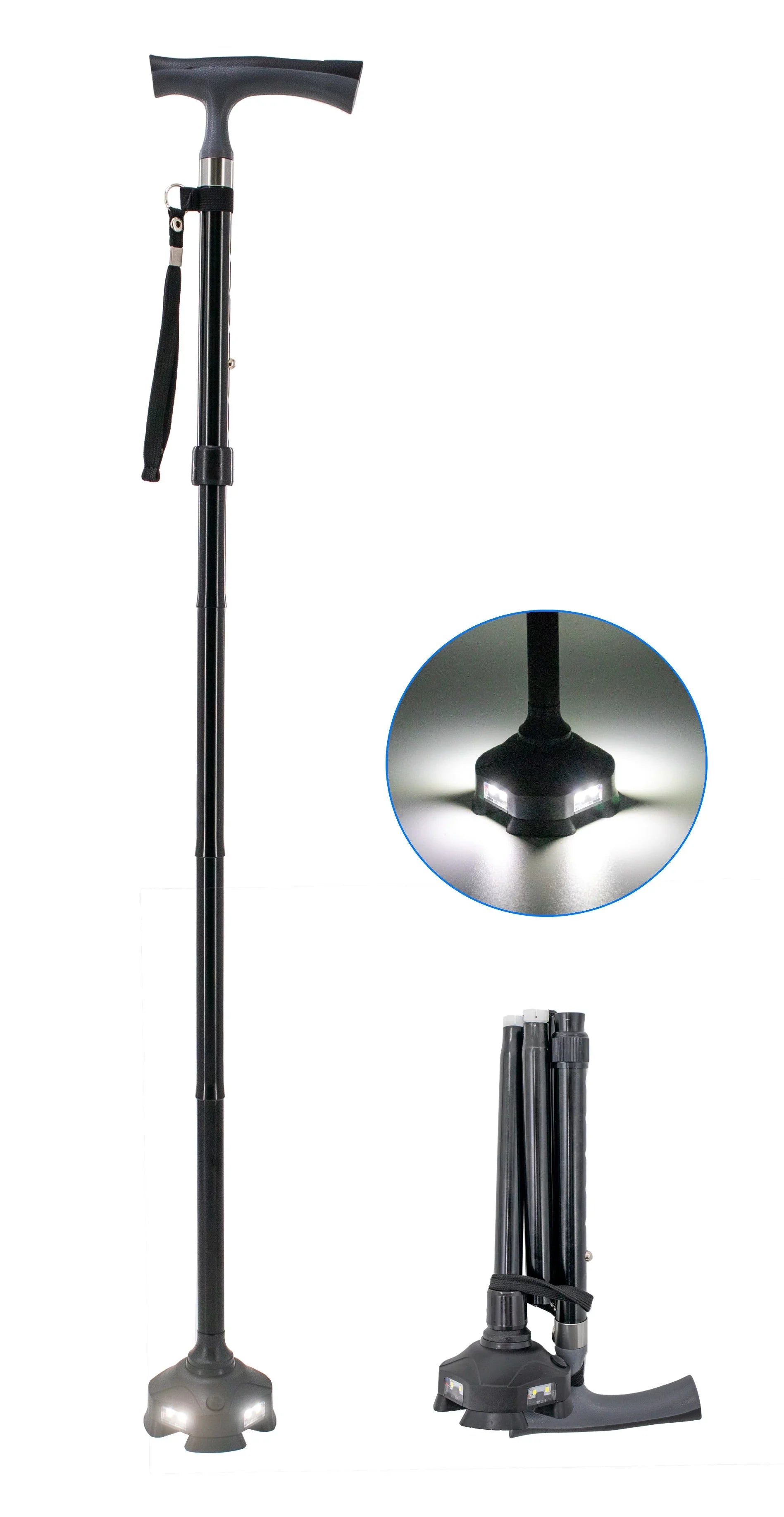 Folding Walking Cane with 8 LED Lights - Adjustable Height for Men, Women, Seniors - Self Standing Folding Posture Support Cane, Portable Collapsible Cane, Comfortable and Lightweight
