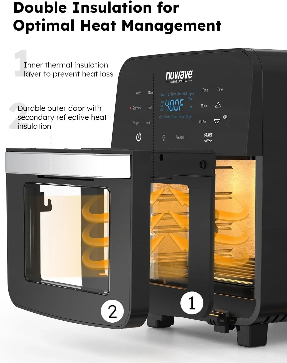 HOZO Brio Air Fryer Oven, 15.5Qt X-Large Family Size, SS Rotisserie Basket &-Skewer Kit, Powerful 1800W, 50F-425F Temp Controls, Integrated Smart Thermometer