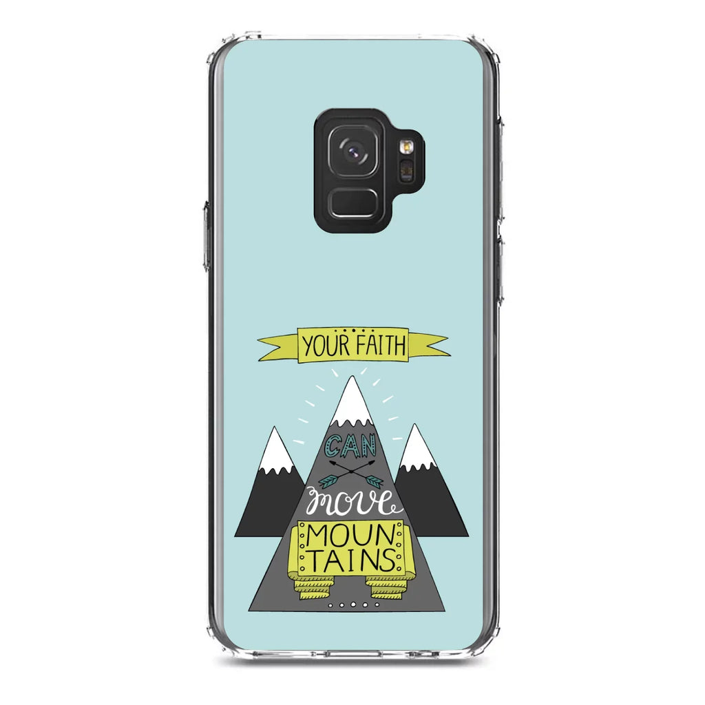 DistinctInk Clear Shockproof Hybrid Case for Samsung Galaxy S9 (5.8" Screen) - TPU Bumper, Acrylic Back, Tempered Glass Screen Protector - Your Faith Can Move Mountains