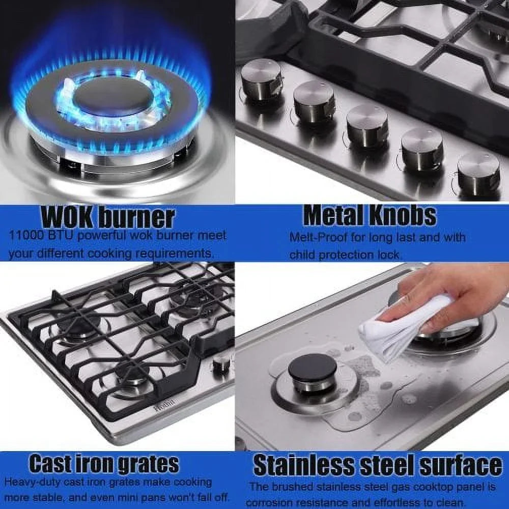 Hothit 34 Inch Gas Cooktop with Griddle, 5 Burner Gas Stove top, Cook top stove gas with Cast Iron Griddle, Natural Gas/Propane Gas Convertible,Stainless Steel
