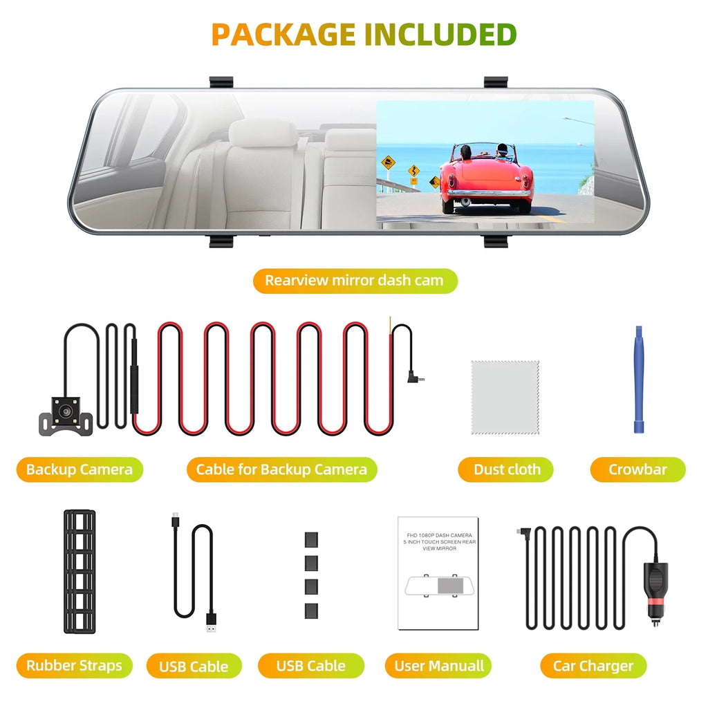 TOGUARD Backup Camera 5" Full HD 1080P Dash Cam Front and Rear Dual Lens with Waterproof Rear Camera