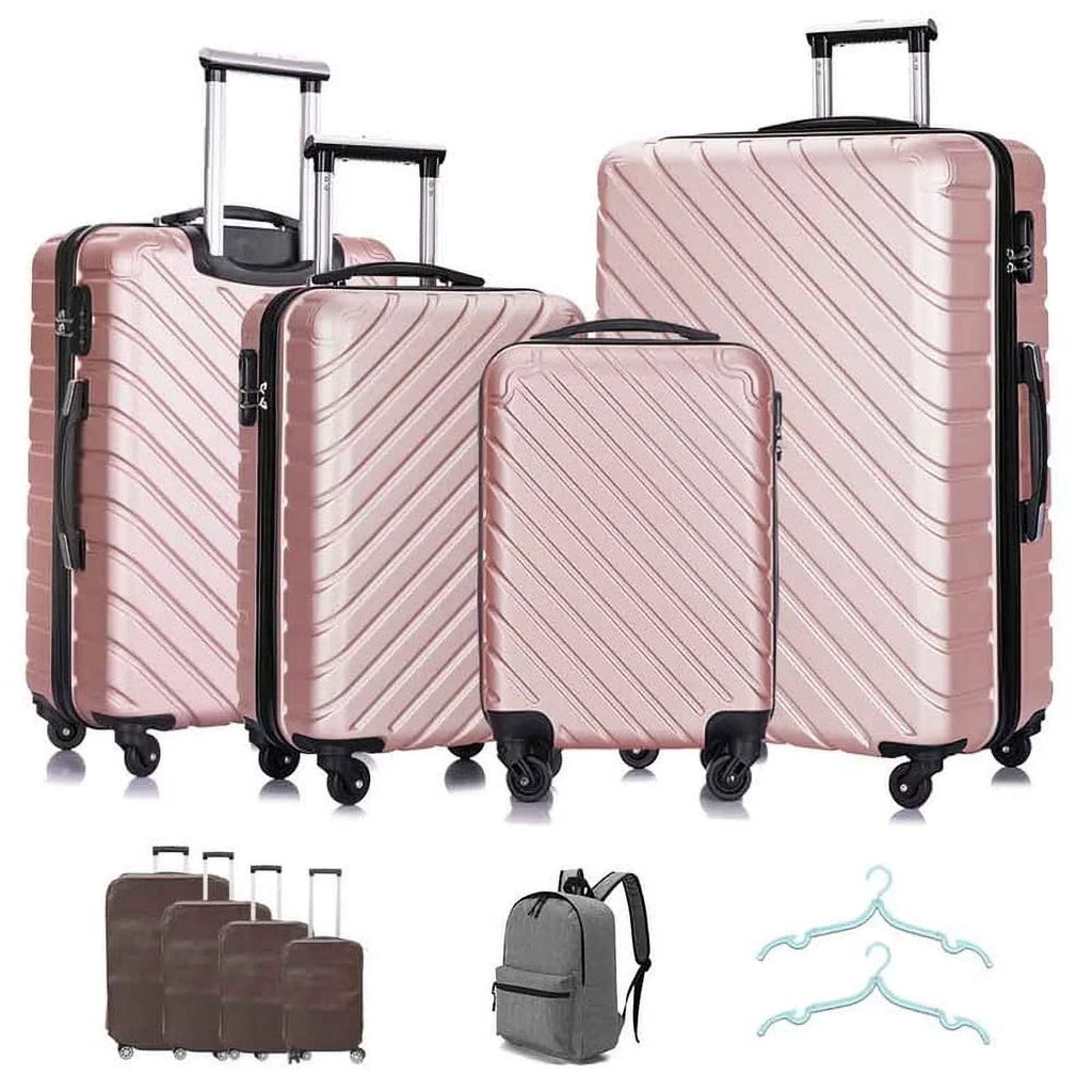 4 Piece Hardshell Luggage Sets,Travel Suitcase,Carry On Luggage with Spinner Wheels Free Cover&Hanger Inside rose gold