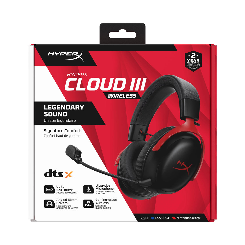 HyperX Cloud III Wireless – Gaming headset for PC, PS5, PS4, up to 120-hour Battery, 2.4GHz Wireless, 53mm angled drivers, Memory foam, Durable Frame, 10mm microphone – Black/Red