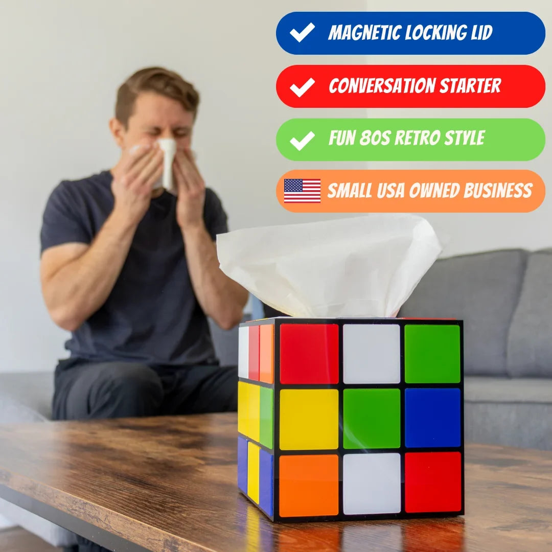 Magic Cube Tissue Box Cover | Big Bang Theory Props & Decor | Easy Use with Magnetic Bottom Lid to Keep Tissues Secure