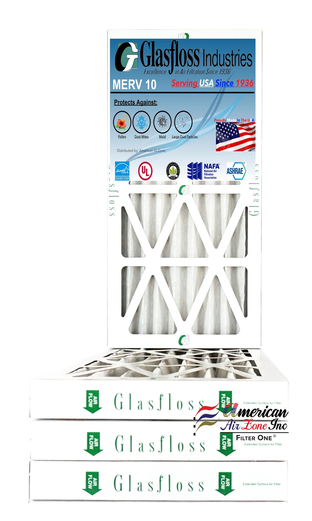 Glasfloss Air Filter 10x24x2 - 2" MERV 10 - (Pack of 4) - Pleated AC or HVAC Air Filter - Furnace Air Filter - Home or Office - Made In The USA.