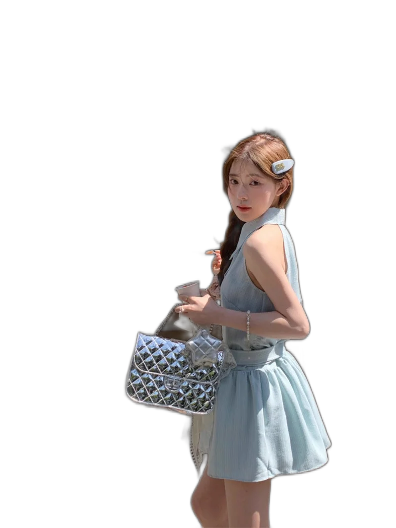 Deeeefuu Pei Pei Han Man Oni Mint Mambo Neck Dress Women Tie Waisted Commuter Short Dresses Sleeveless Halter Dress [In Stock]] S