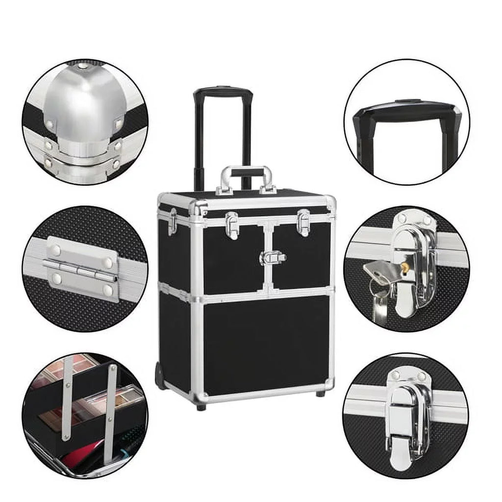 Alden Design Rolling Makeup Case Trolley with Wheels, Mirror, & Retractable Trays, Black