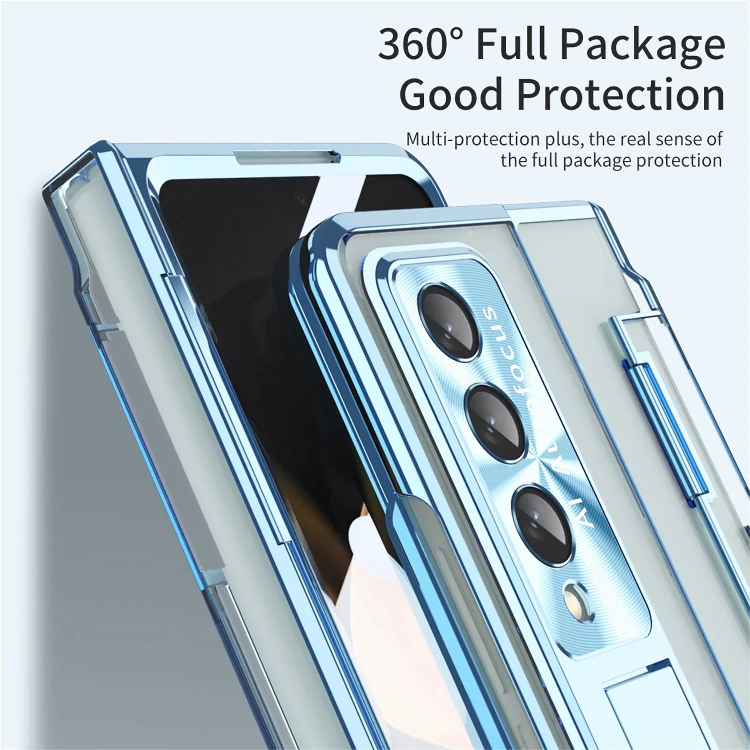 TECH CIRCLE Galaxy Z Fold 3 Case, Ultra-Thin Luxury Perfect Clear Plating Hard PC Crystal Transparent Kickstand Cover Anti-Scratch Shockproof Protection Case for Samsung Galaxy Z Fold 3 5G, Blue