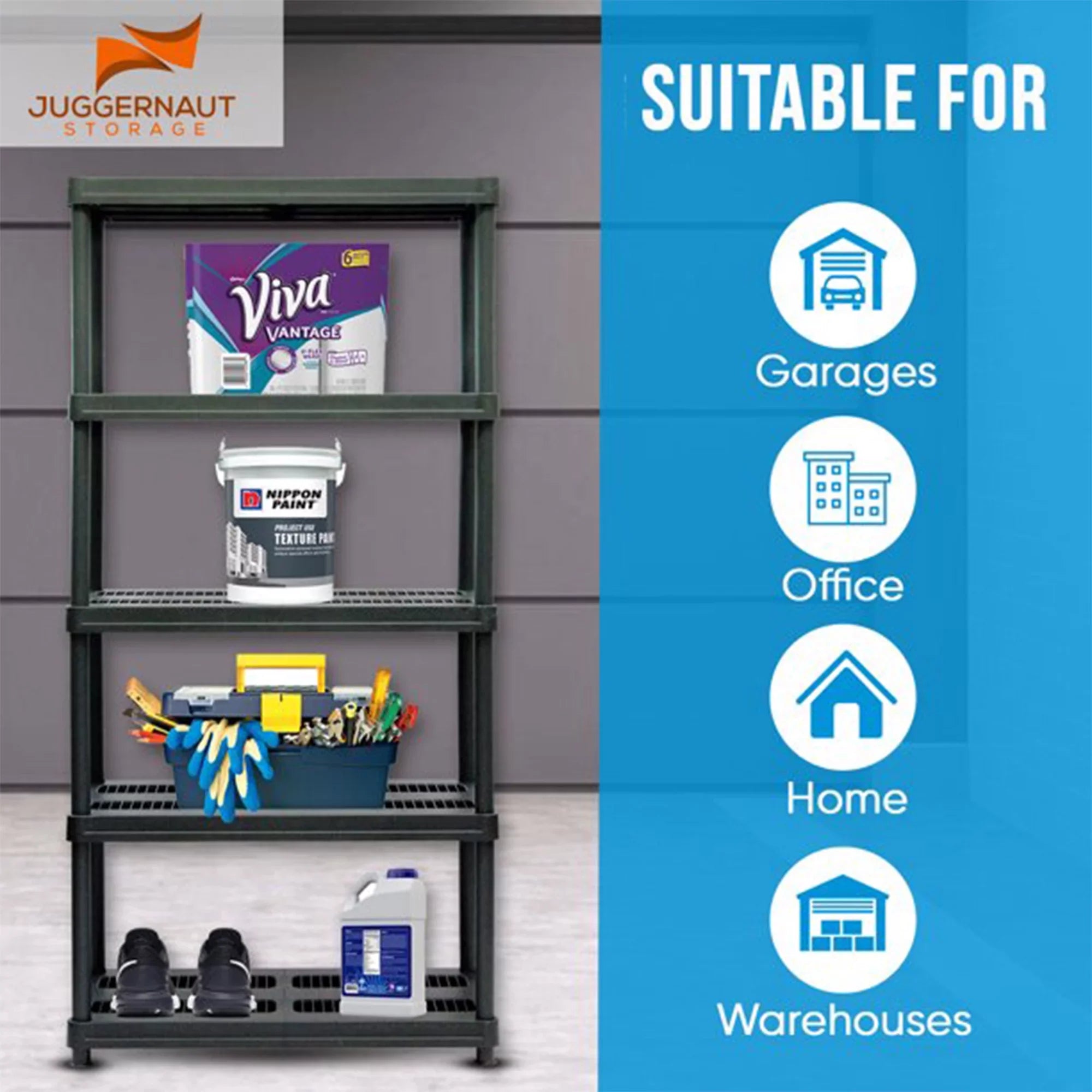 Juggernaut Storage 72 Inch 5 Shelf Plastic Utility Shelving Storage Unit