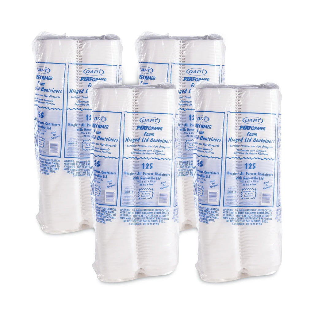Dart Foam Hinged Lid Container, Hoagie Container with Removable Lid, 5.3 x 9.8 x 3.3, White, 125/Bag, 4 Bags/Carton -DCC99HT1R