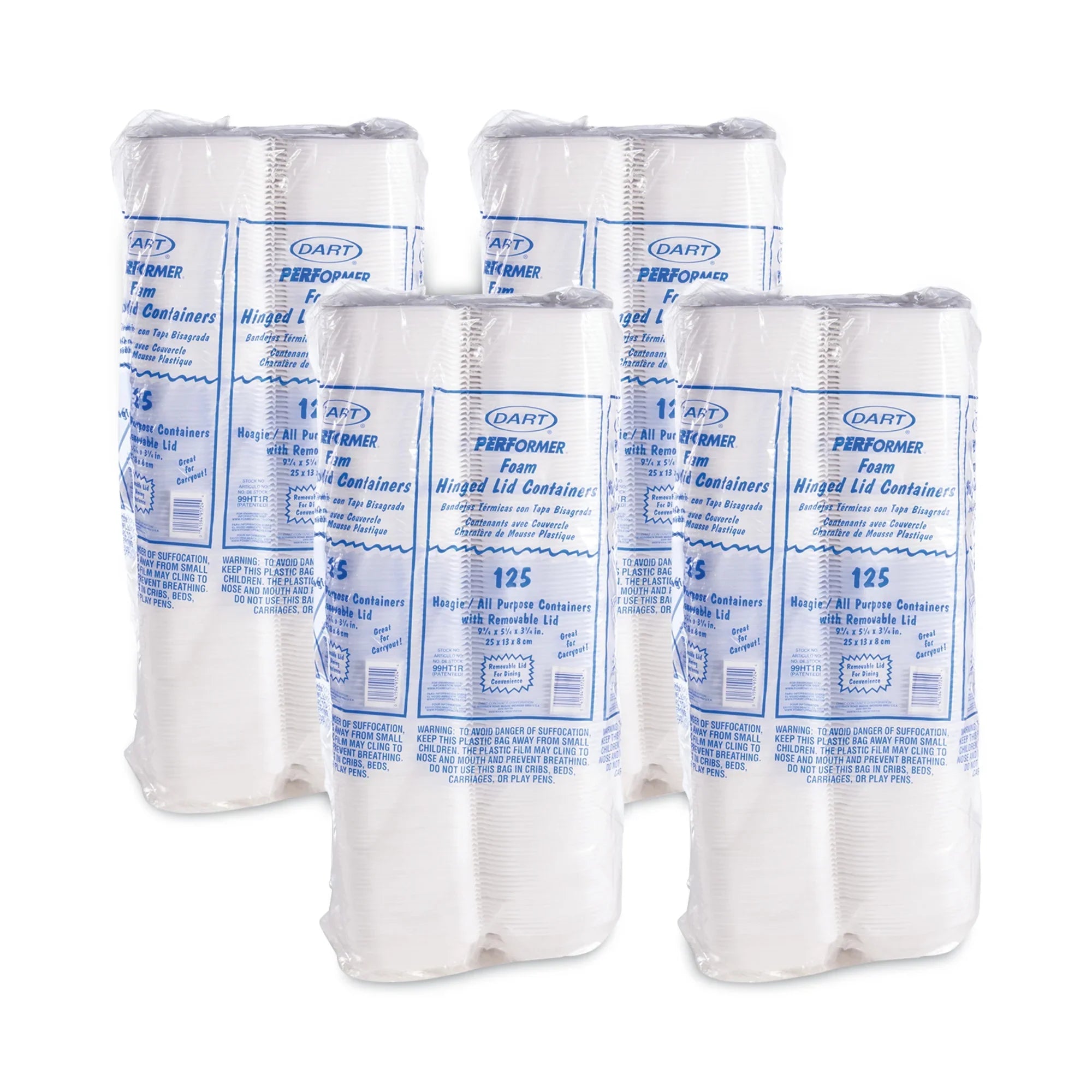 Dart Foam Hinged Lid Container, Hoagie Container with Removable Lid, 5.3 x 9.8 x 3.3, White, 125/Bag, 4 Bags/Carton -DCC99HT1R