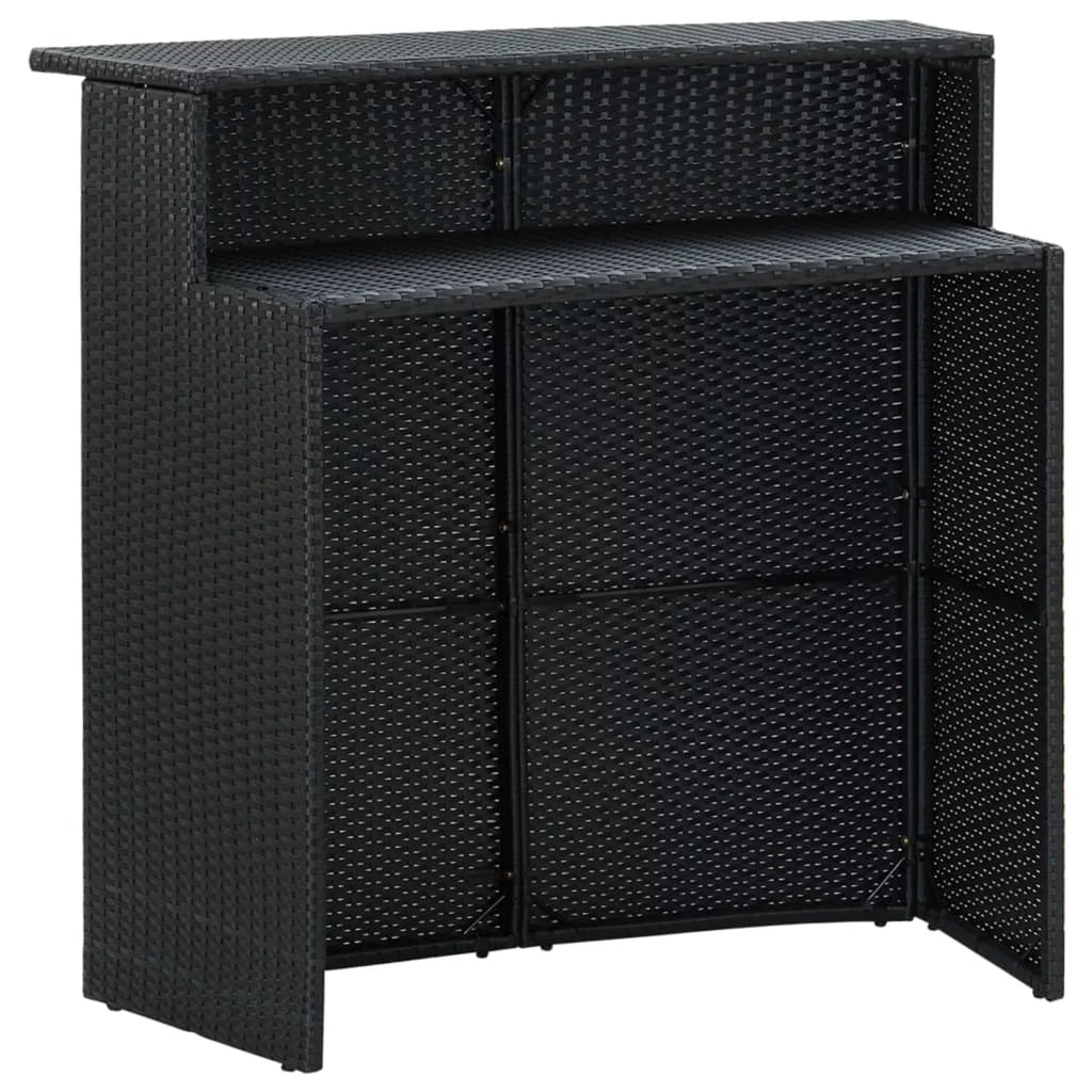 Dcenta 3 Piece Garden Bar Set Table with Storage Shelf and 2 Cushioned Stool Chairs  Dining Set Black Poly Rattan for Bistro, Pub, Backyard, Terrace, Patio
