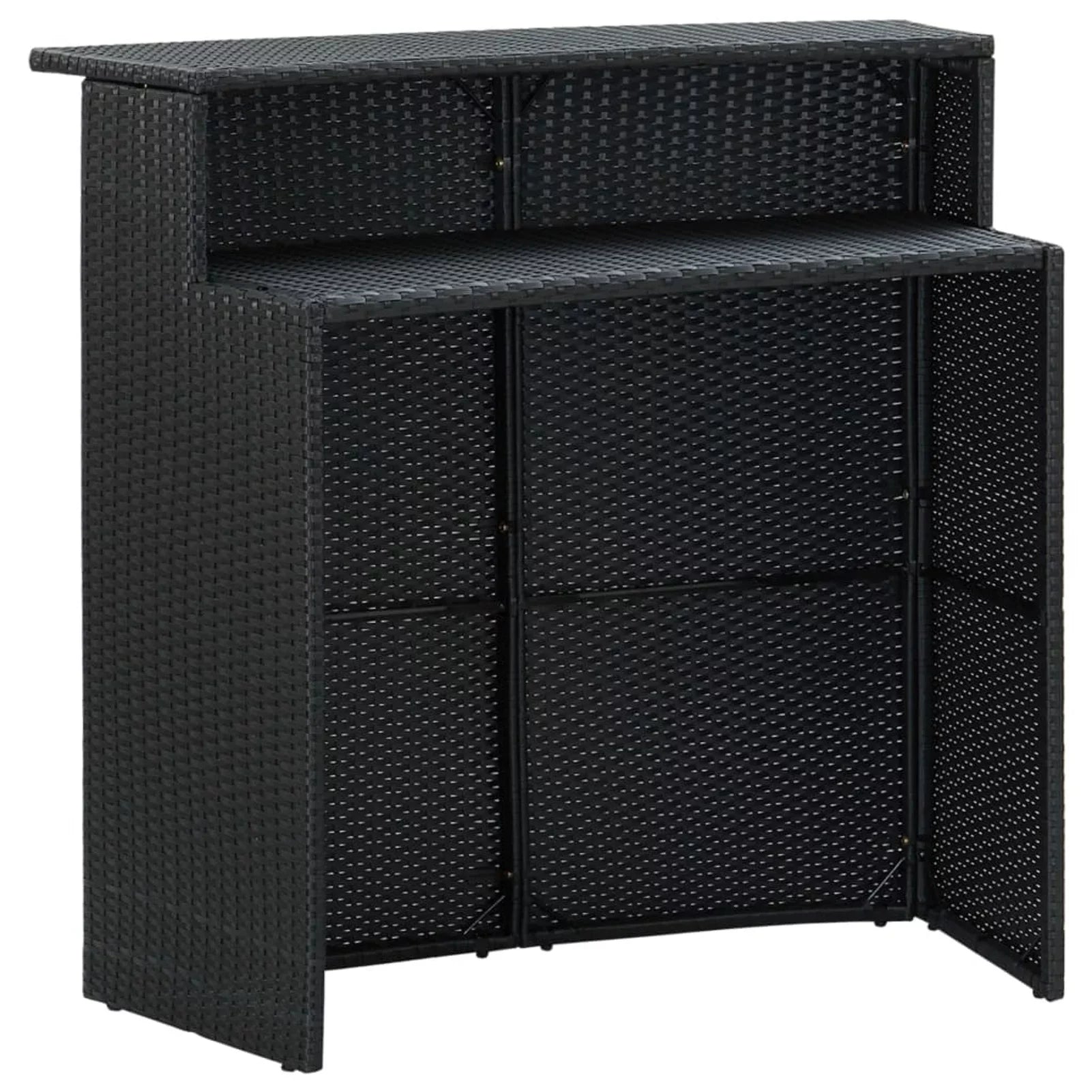 Dcenta 3 Piece Garden Bar Set Table with Storage Shelf and 2 Cushioned Stool Chairs  Dining Set Black Poly Rattan for Bistro, Pub, Backyard, Terrace, Patio