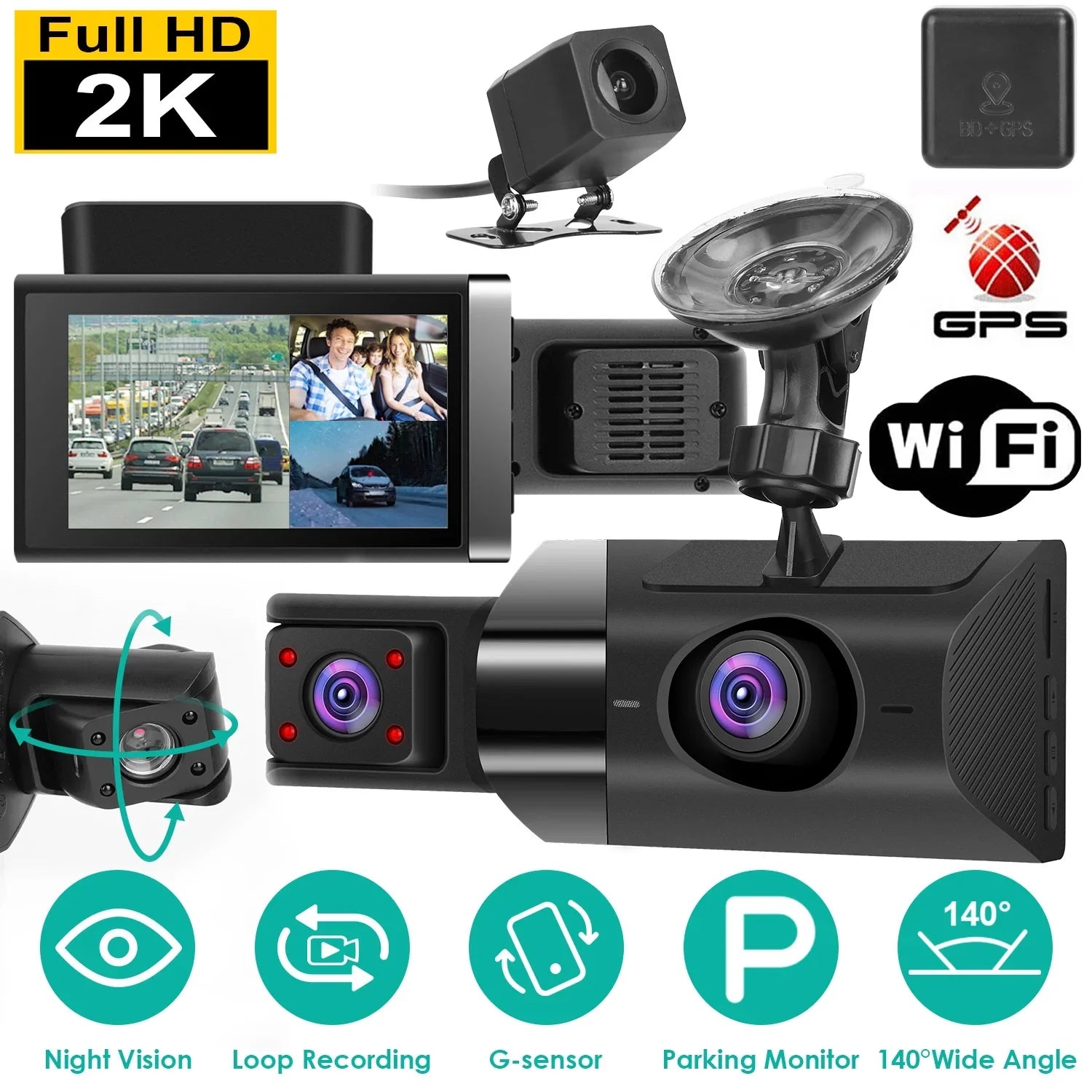 iMounTEK Car Dash Cam Camcorder, 2K Camera Recorder with 140° Angle GPS WiFi Night Vision G-sensor Loop Recording Parking Monitor
