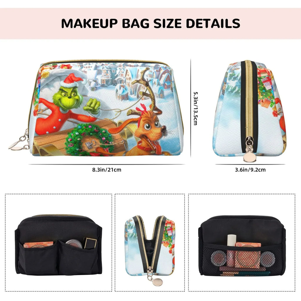 The Grinch Christmas Adventures Cosmetic Bag Makeup Organizer Leather Portable Pouch Gift Travel Toiletry Bag Storage Purse