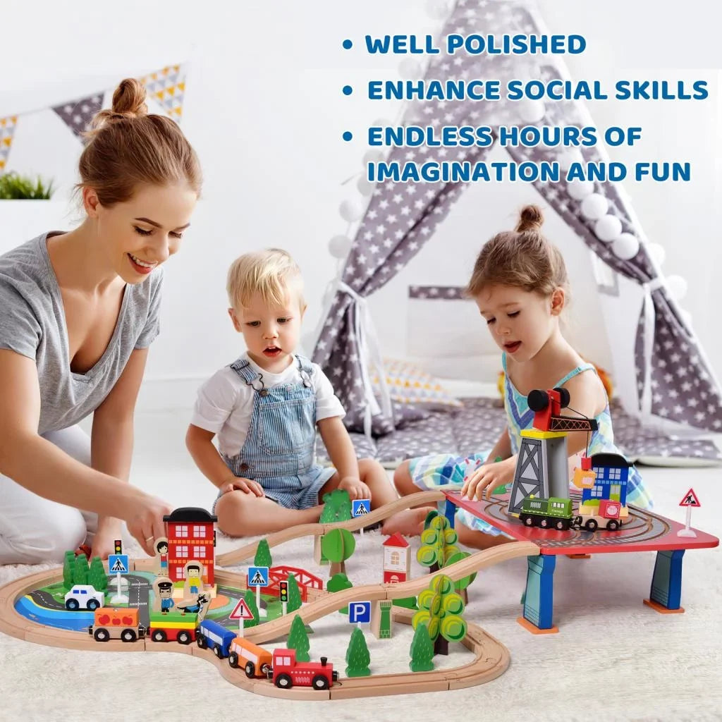 Fun Little Toys 88PCs Wooden Play Set, Enchanting Wooden Train  Set for Toddlers Age 3+