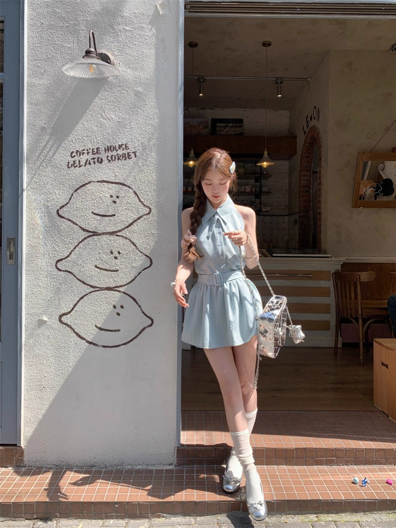 Deeeefuu Pei Pei Han Man Oni Mint Mambo Neck Dress Women Tie Waisted Commuter Short Dresses Sleeveless Halter Dress [In Stock]] S