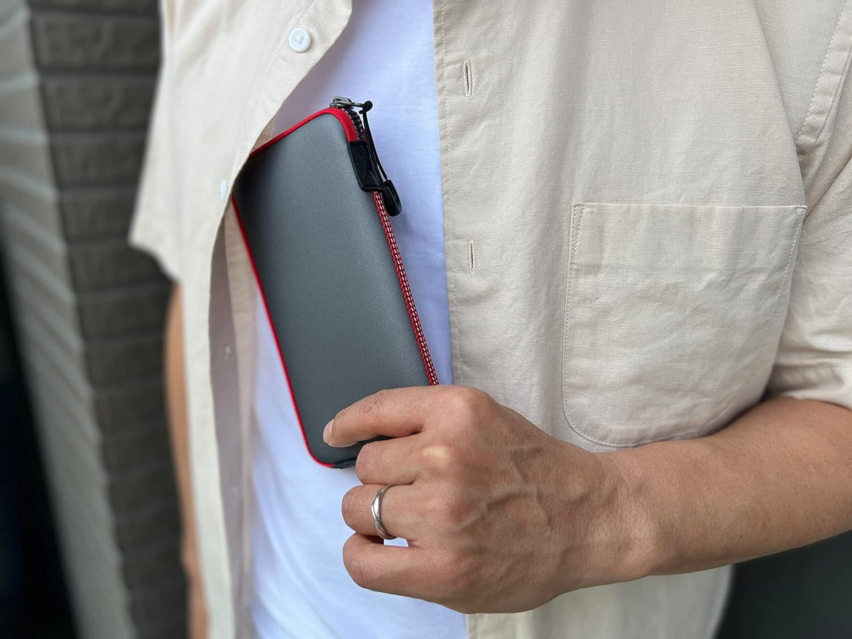 OneJoy Neoprene Cell Phone Pouch, Large Zipper Opening, Lightweight & Protective Phone Sleeves for iPhone Durable Phone Carrier Bag, Thermal Carrying Phone Pouch with Inner Pocket [GreyRed]
