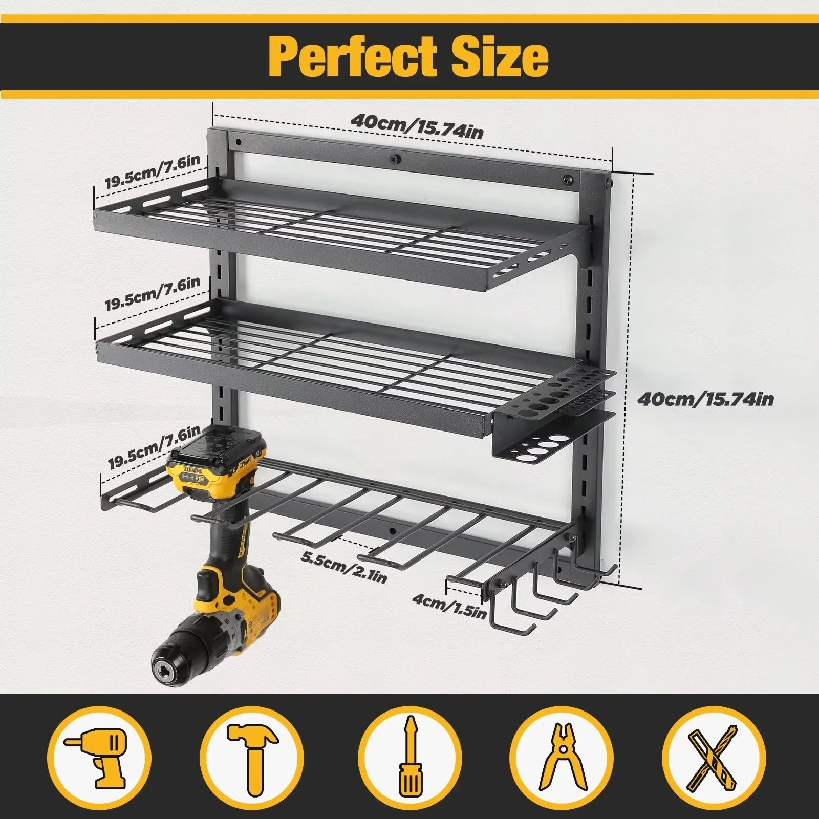 COFIT Power Tool Organizer, Power Drill Tool Holder with Charging Station, Wall Mount Tool Storage Organizer, 3 Layers Adjustable Height Iron Tool Rack for Garage Organization and Workshop