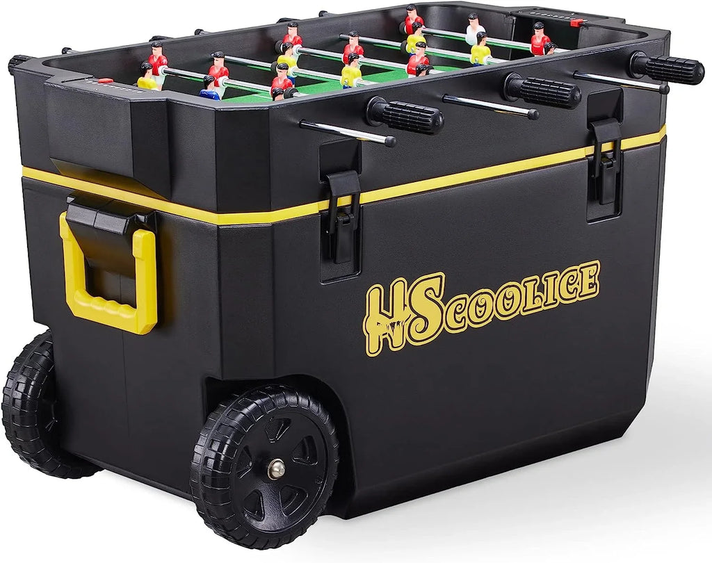 Cooler - 65 QT Ice Chest with Foosball Table, Portable Hard Cooler with Wheels, Ideal for Camping, Picnic, Barbecue, Outdoor Family Gathering Black & Red