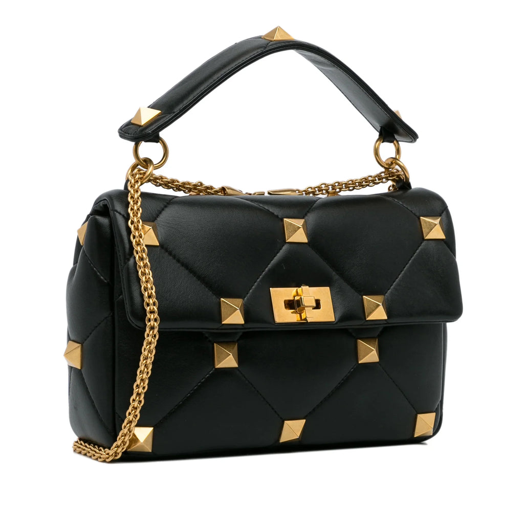 Pre-Owned Authenticated Valentino Medium Roman Stud Satchel Calf Leather Black Unisex (Good)