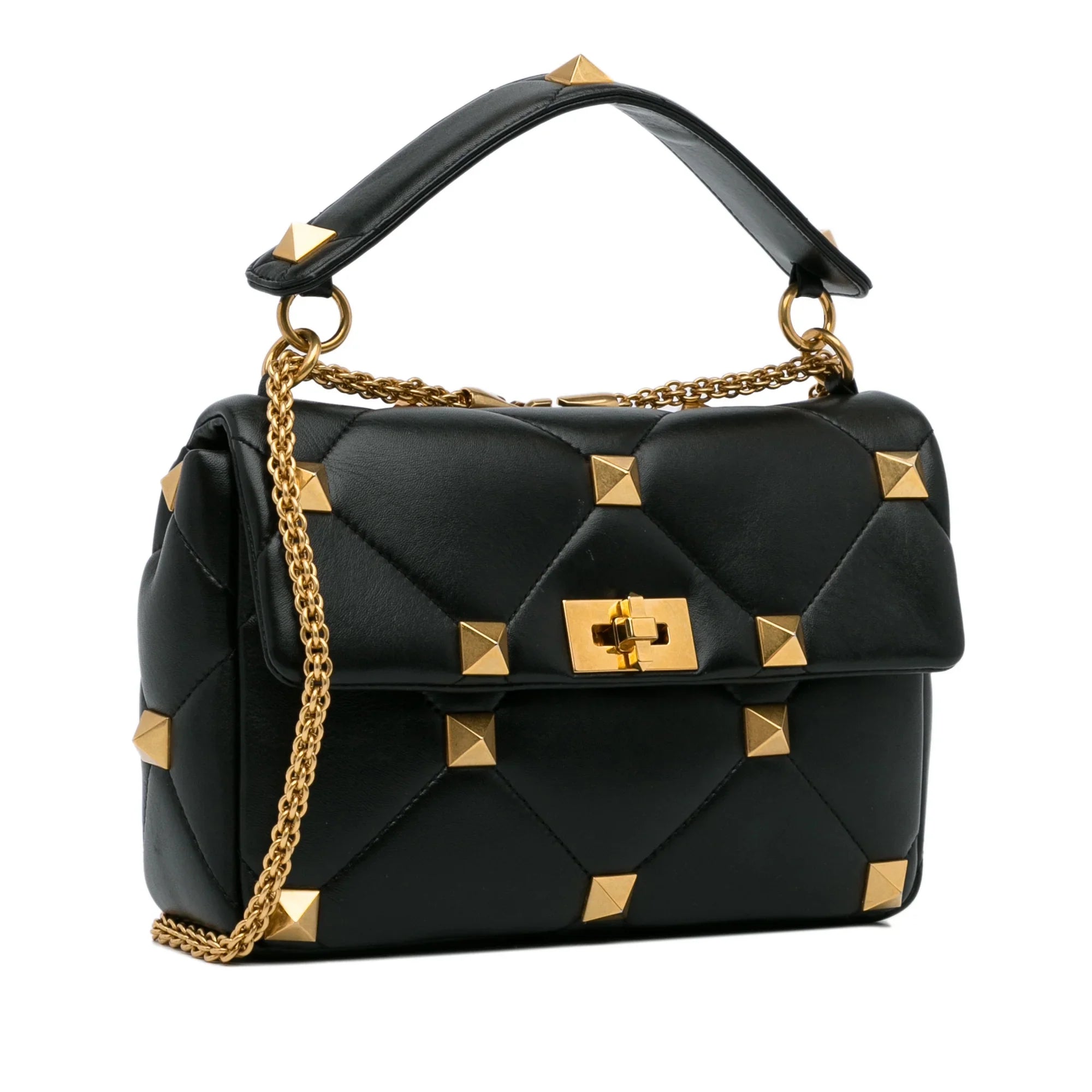 Pre-Owned Authenticated Valentino Medium Roman Stud Satchel Calf Leather Black Unisex (Good)