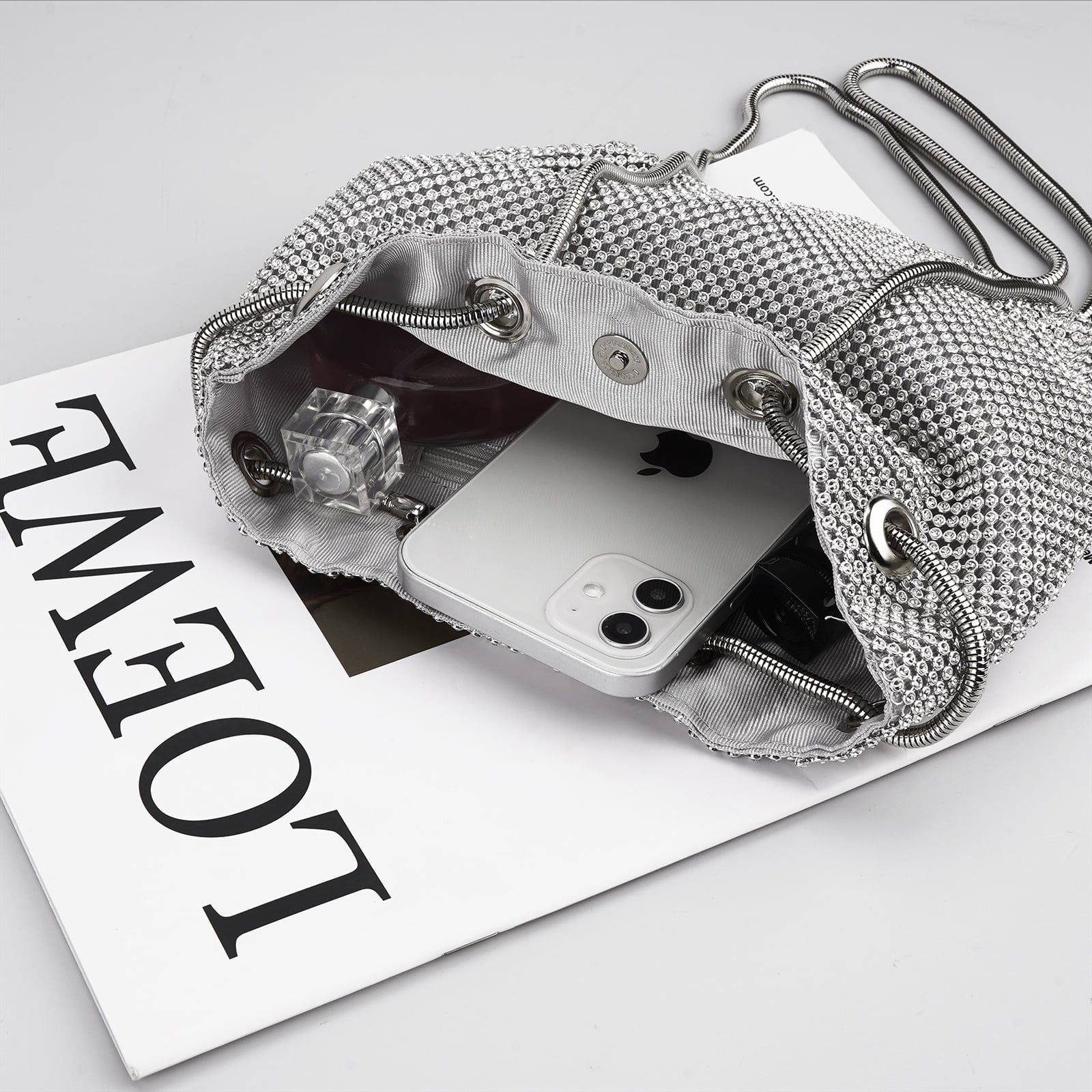 Rhinestone Bucket Bag for Women, Evening Lady Purse, Party Prom Wedding Crossbody Shoulder Handbag (Silver)