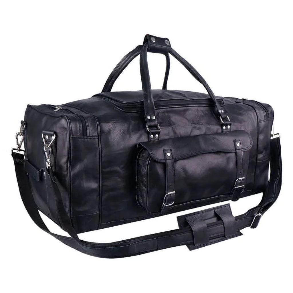 MaheTri 30" Black Leather Travel Duffel Weekender Bag Carry-on Overnight Bag Sports Duffel bag For men and Women