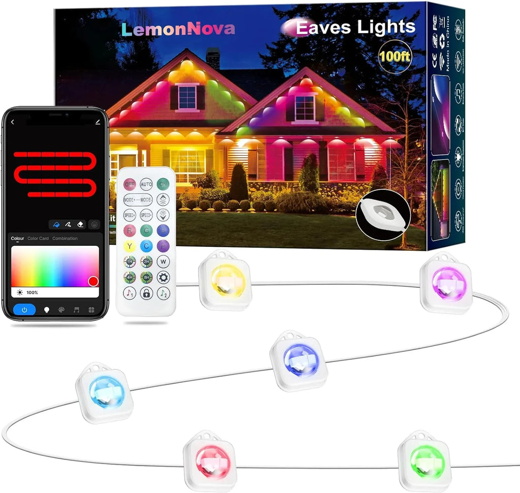 Permanent Outdoor Lights, 100ft with 72 LED Eaves Lights IP67 Waterproof, RGB Outdoor Lights with DIY Scene Modes, Suitable for Holiday and Daily Using, Work with Remote & Alexa