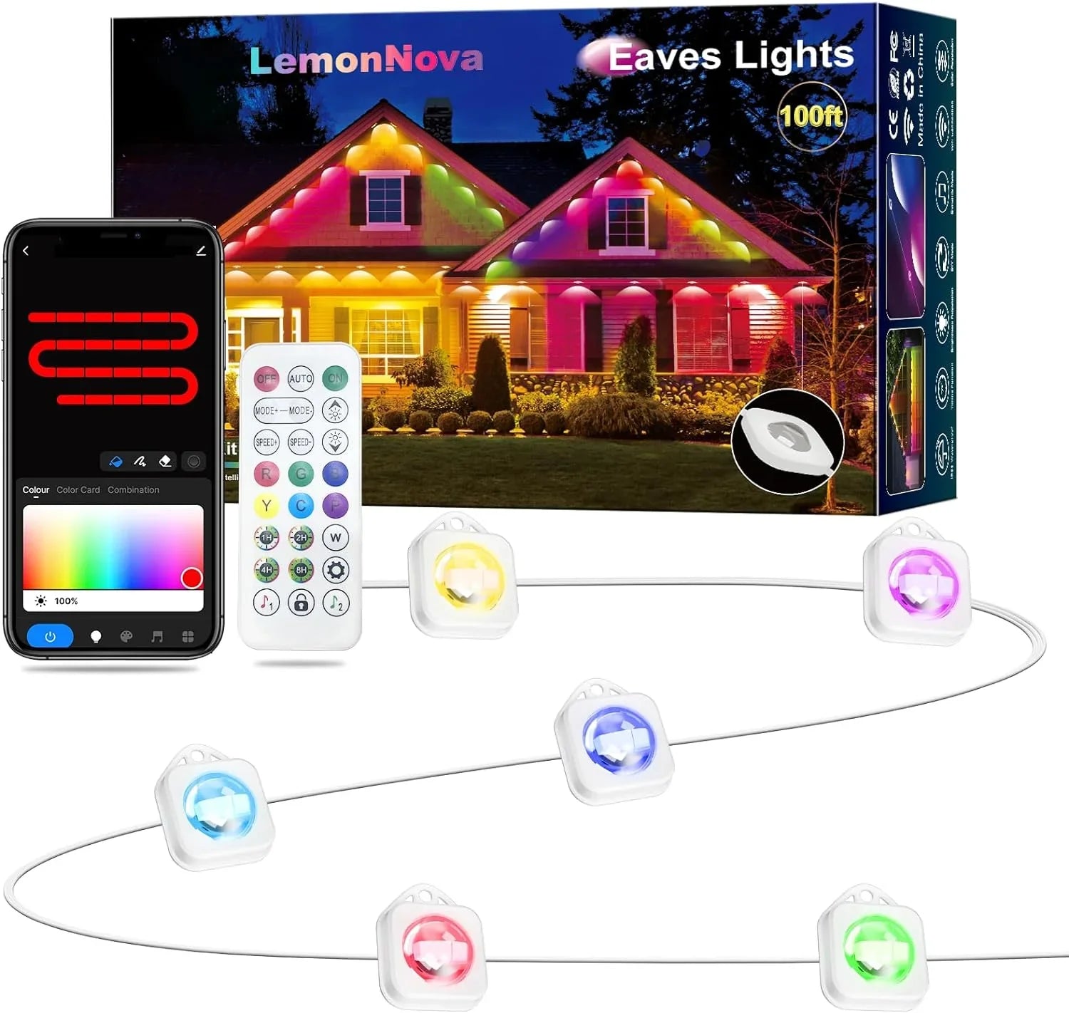 Permanent Outdoor Lights, 100ft with 72 LED Eaves Lights IP67 Waterproof, RGB Outdoor Lights with DIY Scene Modes, Suitable for Holiday and Daily Using, Work with Remote & Alexa
