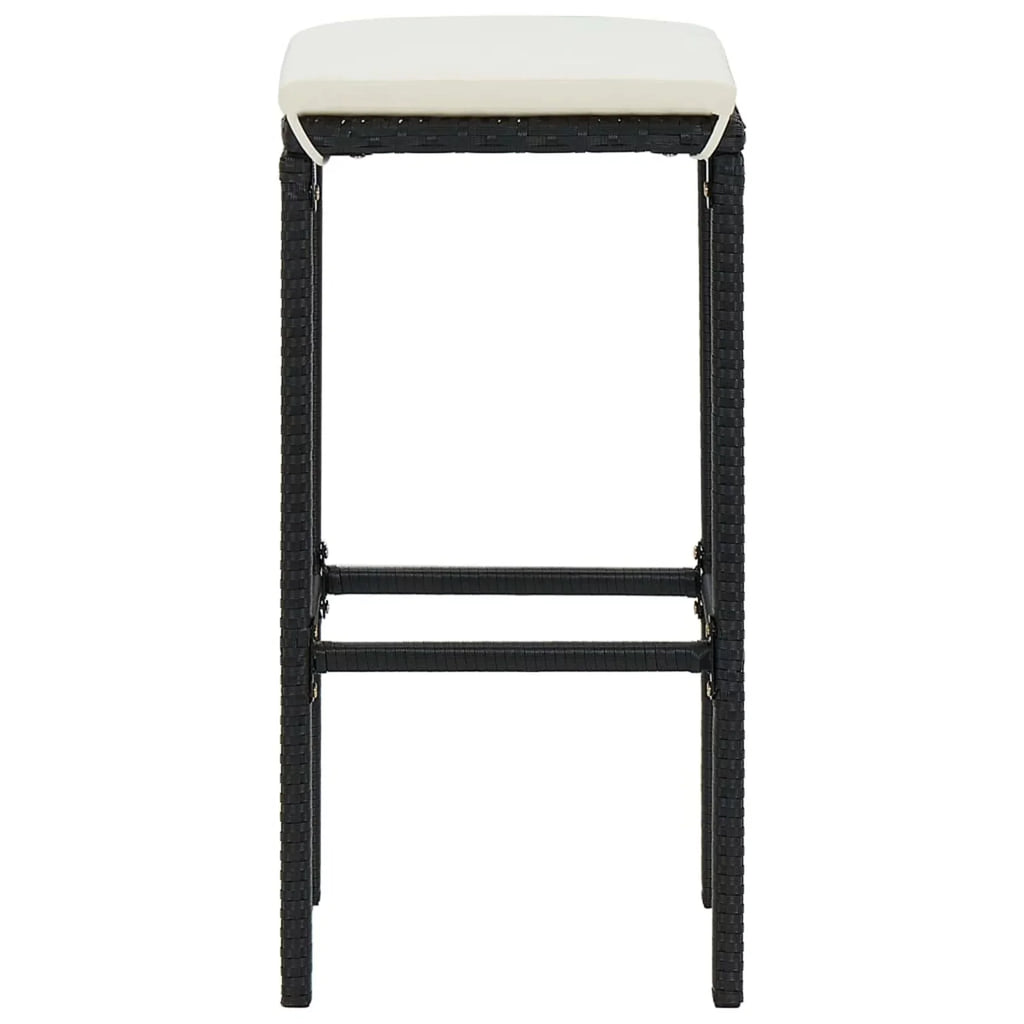 Dcenta 3 Piece Garden Bar Set Table with Storage Shelf and 2 Cushioned Stool Chairs  Dining Set Black Poly Rattan for Bistro, Pub, Backyard, Terrace, Patio