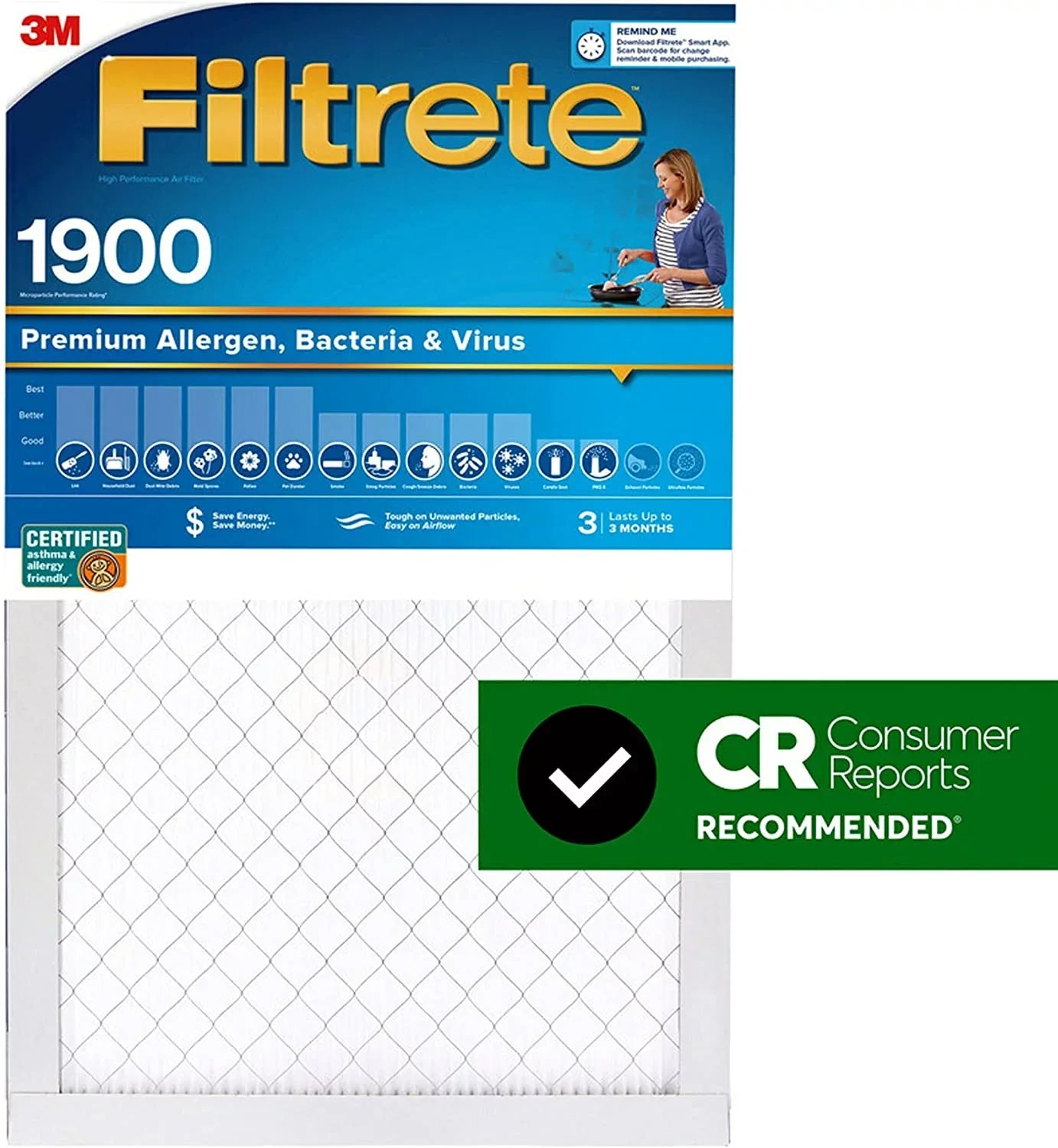 Filtrete 20x25x1, AC Furnace Air Filter, MPR 1900, Healthy Living Ultimate Allergen, 4-Pack (exact dimensions 19.69 x 24.69 x 0.78)