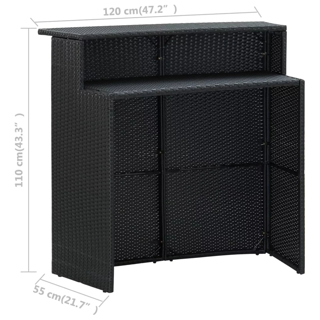 Dcenta 3 Piece Garden Bar Set Table with Storage Shelf and 2 Cushioned Stool Chairs  Dining Set Black Poly Rattan for Bistro, Pub, Backyard, Terrace, Patio