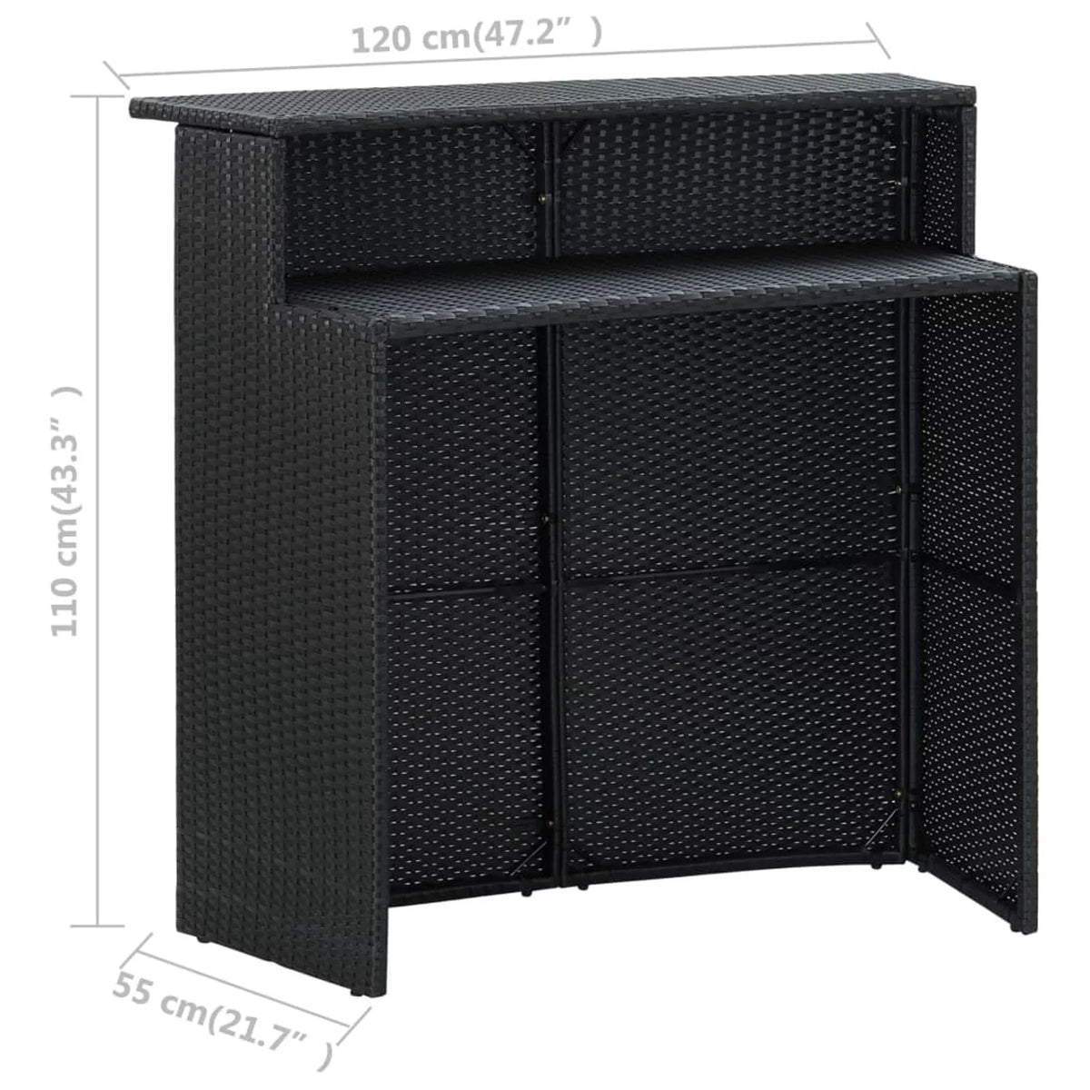 Dcenta 3 Piece Garden Bar Set Table with Storage Shelf and 2 Cushioned Stool Chairs  Dining Set Black Poly Rattan for Bistro, Pub, Backyard, Terrace, Patio