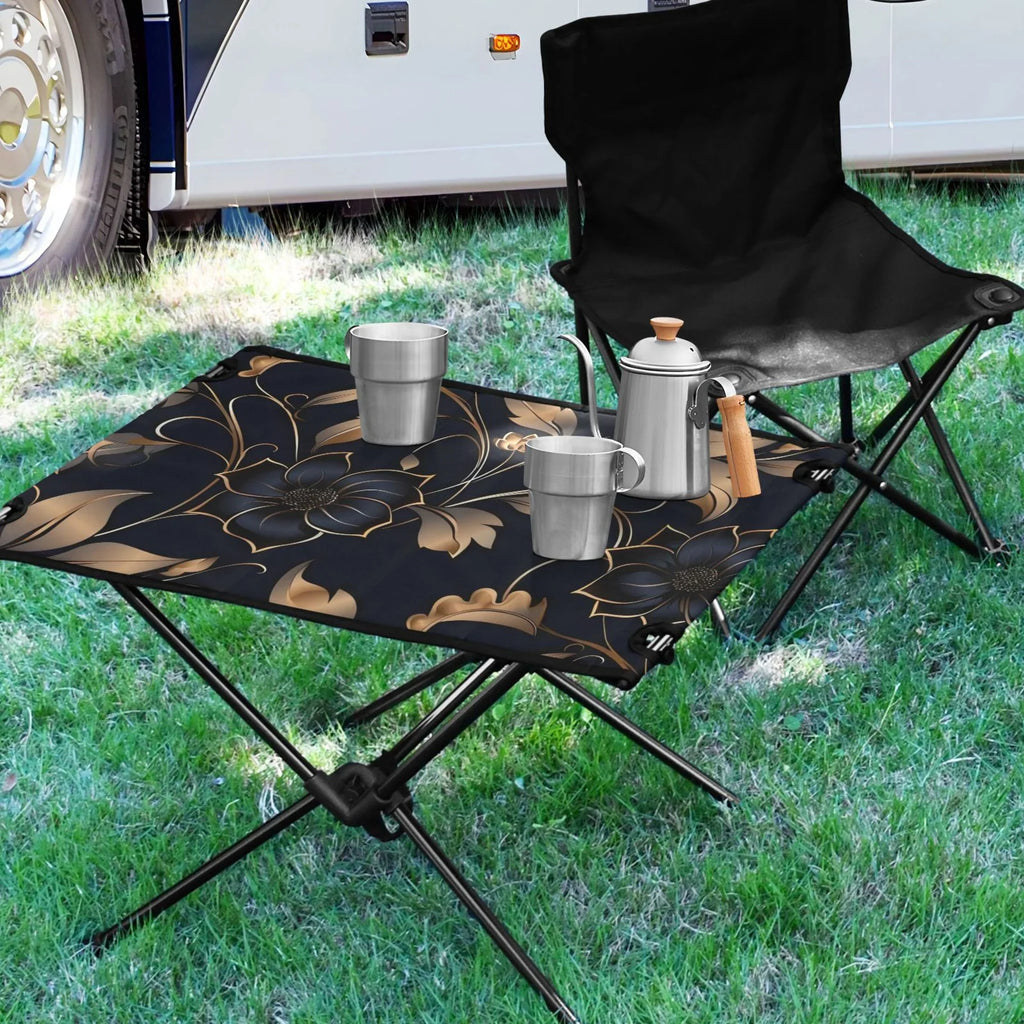 Flower on Black Camping Folding Table Portable Beach Table with Storage Bag Compact Picnic Table for Outdoor Travel Fishing BBQ