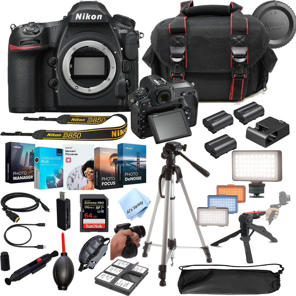 Nikon D850 DSLR Camera 45.7 MP Body No Lens- 64GB Extreme Speed Card, LED Always on Light, Tripod,Gripod, Case, and More 30pc Video Bundle