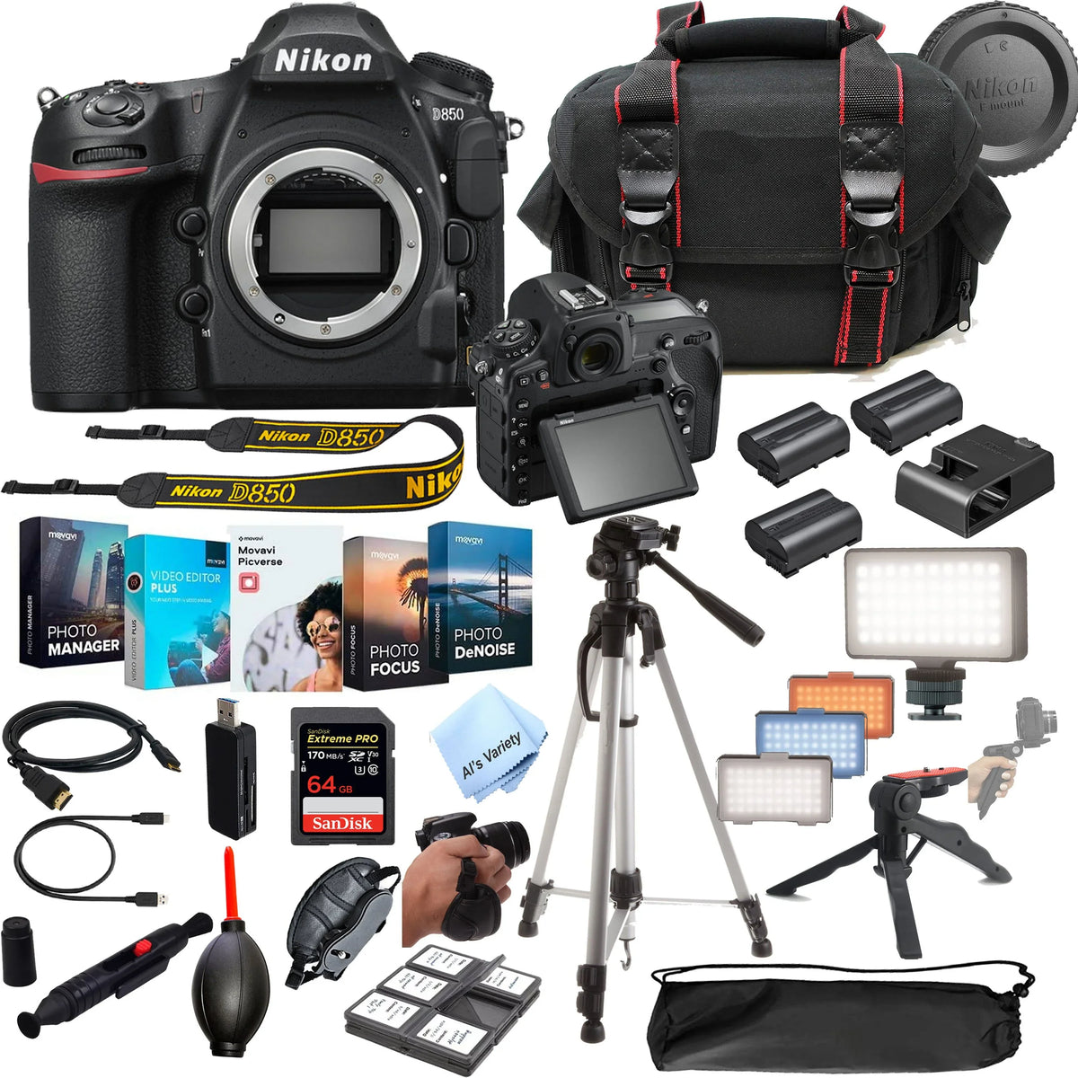 Nikon D850 DSLR Camera 45.7 MP Body No Lens- 64GB Extreme Speed Card, LED Always on Light, Tripod,Gripod, Case, and More 30pc Video Bundle