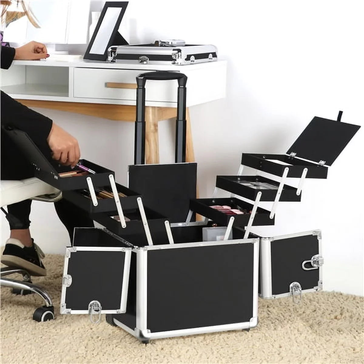 Alden Design Rolling Makeup Case Trolley with Wheels, Mirror, & Retractable Trays, Black