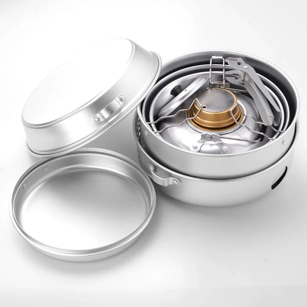 Htovila Camping Stove Kit, 10pcs Camping Pot Pan Stove Set for Cooking Backpacking, Portable Kitchenware for  Adventures