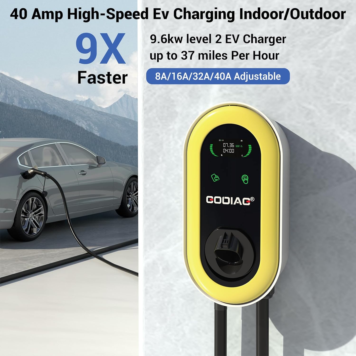 GODIAG Hardwired Level 2 EV Charger, 40Amp/9.6kw 240V Wall-Mount Indoor Outdoor Electric Car Fast Home Charging Station with 25ft Cable