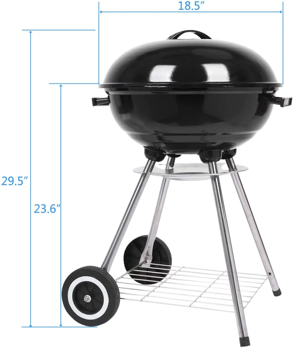Charcoal Grill, 18 inch Stainless Steel BBQ Charcoal with Wheels and Storage Holder for Camping, Picnic, Barbecue, Party, Outdoor Activities