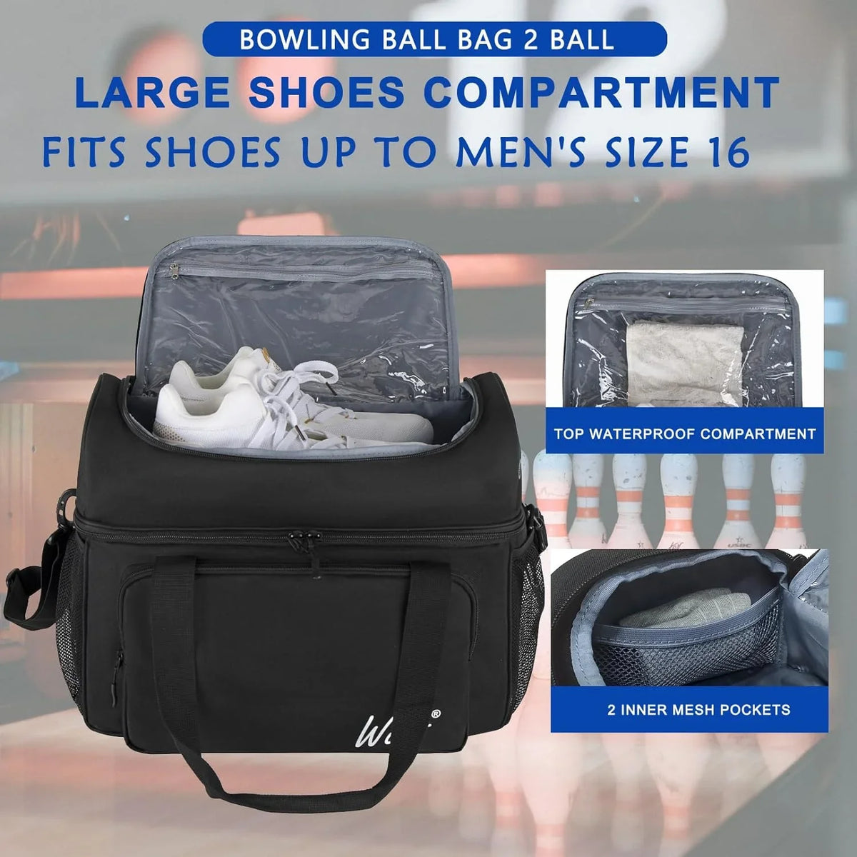 WOLT | Black Polyester Bowling Ball Bag for 2 Balls Fits Bowling Shoes up to Mens Size 16