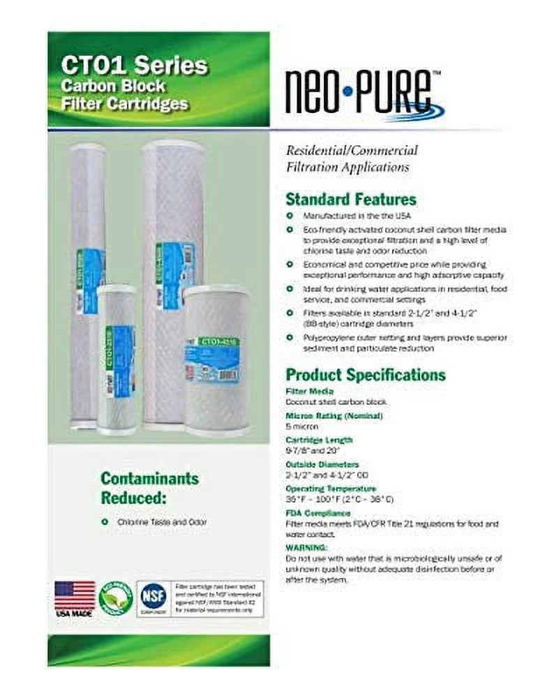 Neo-Pure CTO1-4510 9-7/8 x 4-1/2 Coconut Shell Carbon Block Water Filter 5 mic