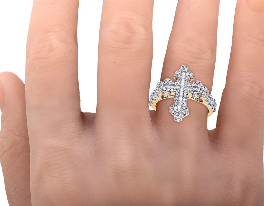 Baguette Cross  0.875 CT Diamond Ring 10K Yellow-White Gold